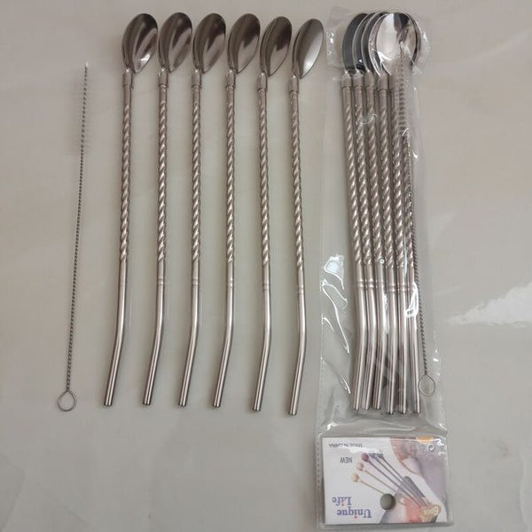 طقم معلقة كوكتيل وشفاطة ٢*١من الفولاذ المقاوم للصدأ ٦ قطع +١ فرشاة تنظيف فضي