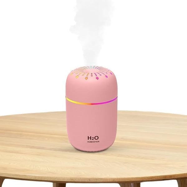مرطب هواء صغير وموزع رائحة يعمل بالموجات فوق الصوتية مع ضوء ليلي وتشغيل هادئ، سعة كبيرة 300 مل وقوة 2 وات