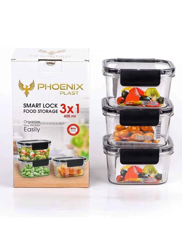 طقم علبة حفظ طعام للثلاجة من الاكريليك 3 قطع مع قفل محكم الغلق وجوانب سيليكون-فينيكس